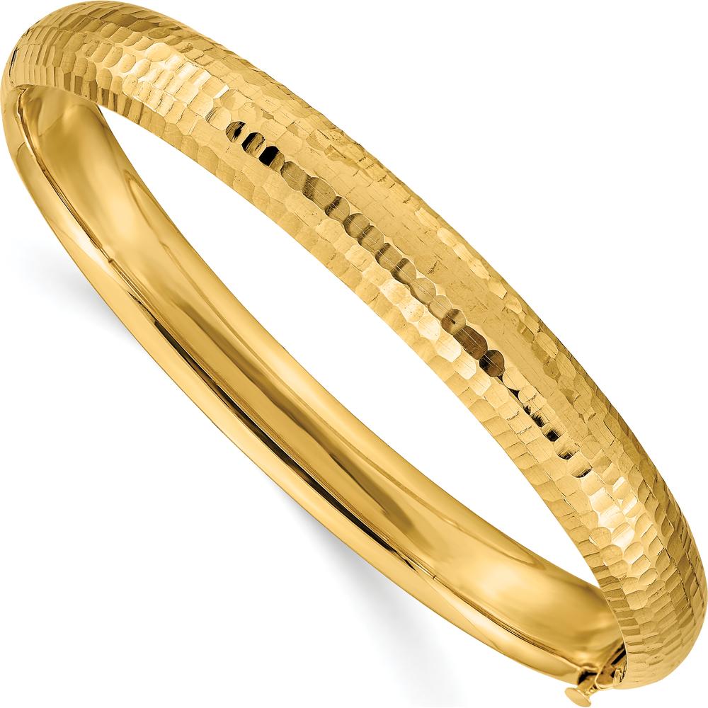 14K Yellow Gold 8.75mm Polished Hammered Hinged Oval Bangle Bracelet by Oro Pregiato