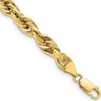 14K Yellow Gold 8" 7mm Semi Solid Rope Chain Bracelet with Lobster Clasp by Oro Pregiato