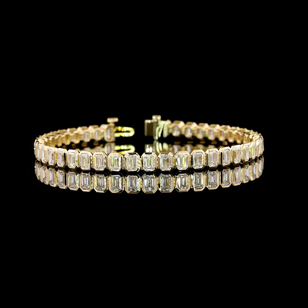 14K Yellow Gold 8.8 Carat Tennis Bracelet with Bezel Set Emerald Cut Lab Diamonds, E-F Color VVS2 Clarity - 44 Stones - Covaloro Fine Jewelry