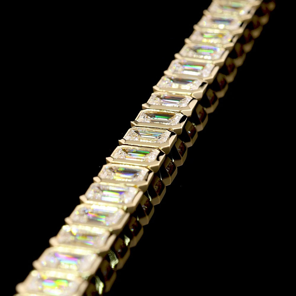 14K Yellow Gold 8.8 Carat Tennis Bracelet with Bezel Set Emerald Cut Lab Diamonds, E-F Color VVS2 Clarity - 44 Stones - Covaloro Fine Jewelry