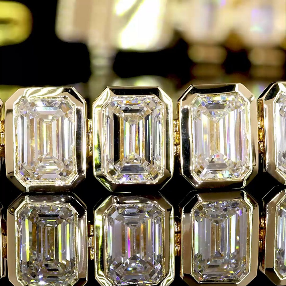 14K Yellow Gold 8.8 Carat Tennis Bracelet with Bezel Set Emerald Cut Lab Diamonds, E-F Color VVS2 Clarity - 44 Stones - Covaloro Fine Jewelry