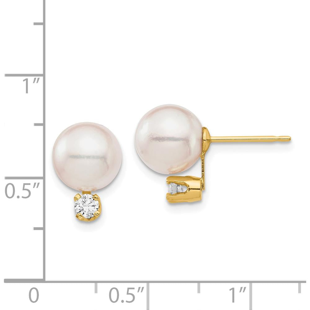 14K Yellow Gold 8-9mm Akoya Pearl and 1/5 Carat Diamond Post Earrings by Monteluci Fine Jewelry