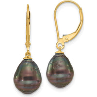 14K Yellow Gold 8-9mm Black Teardrop Tahitian Pearl Leverback Dangle Earrings by Monteluci Fine Jewelry