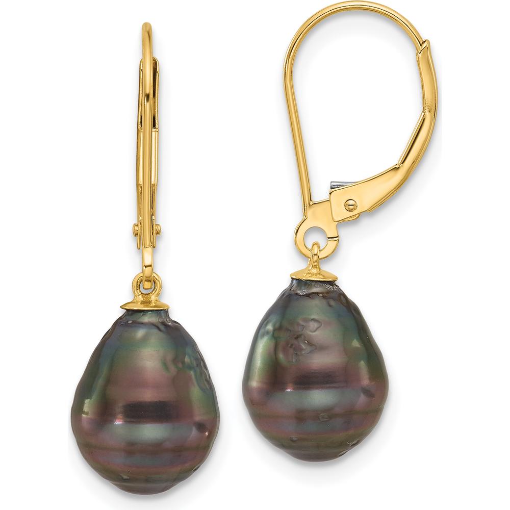 14K Yellow Gold 8-9mm Black Teardrop Tahitian Pearl Leverback Dangle Earrings by Monteluci Fine Jewelry