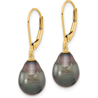 14K Yellow Gold 8-9mm Black Teardrop Tahitian Pearl Leverback Dangle Earrings by Monteluci Fine Jewelry