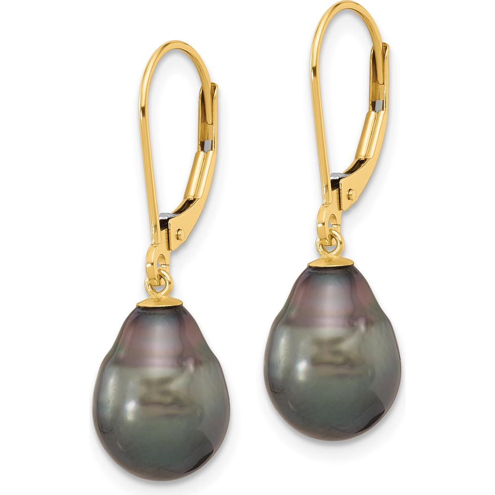 14K Yellow Gold 8-9mm Black Teardrop Tahitian Pearl Leverback Dangle Earrings by Monteluci Fine Jewelry
