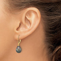 14K Yellow Gold 8-9mm Black Teardrop Tahitian Pearl Leverback Dangle Earrings by Monteluci Fine Jewelry