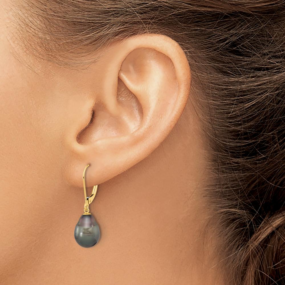 14K Yellow Gold 8-9mm Black Teardrop Tahitian Pearl Leverback Dangle Earrings by Monteluci Fine Jewelry