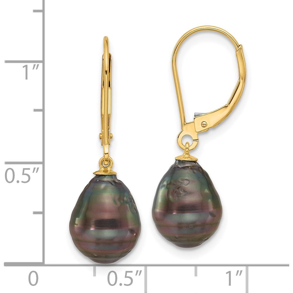 14K Yellow Gold 8-9mm Black Teardrop Tahitian Pearl Leverback Dangle Earrings by Monteluci Fine Jewelry