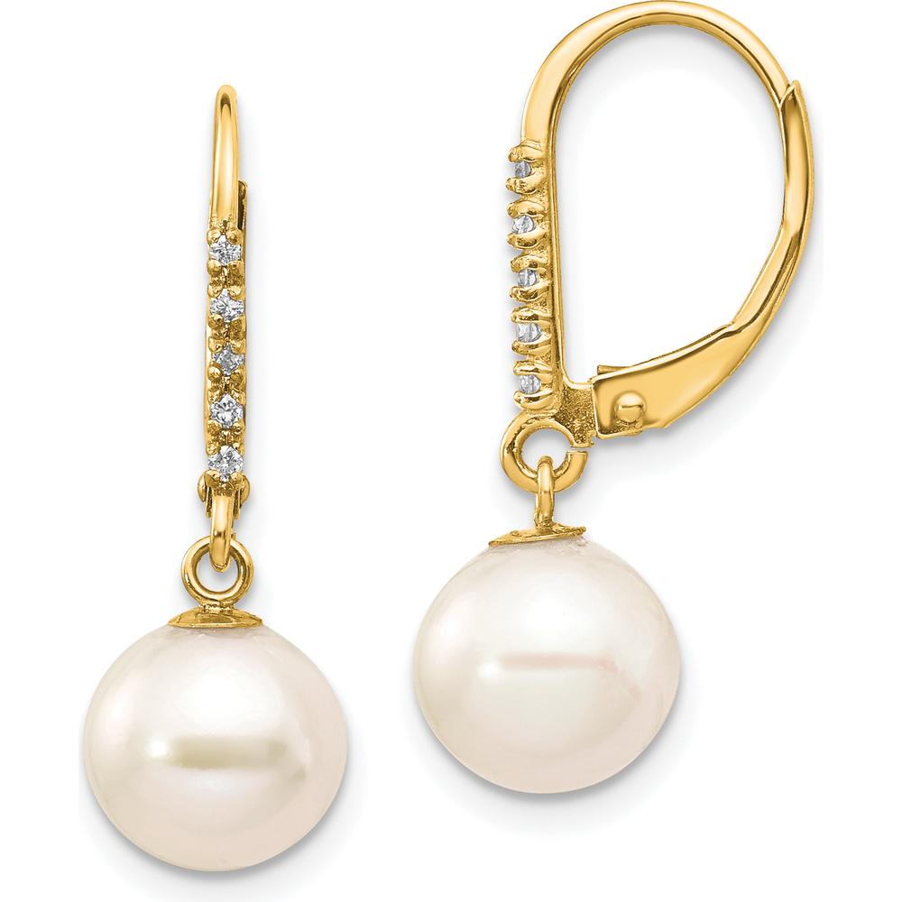 14K Yellow Gold 8-9mm Freshwater Cultured Pearl and 0.05 Carat Diamond Dangle Leverback Earrings by Monteluci Fine Jewelry