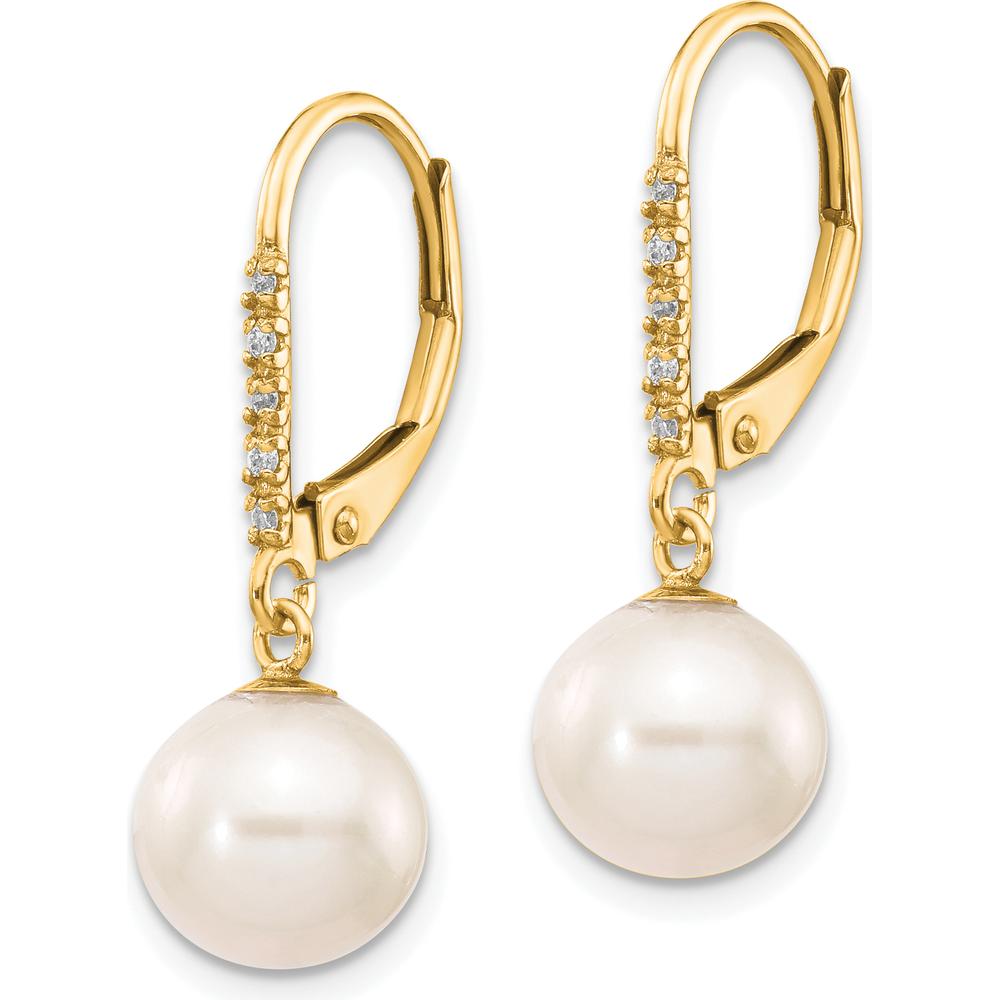 14K Yellow Gold 8-9mm Freshwater Cultured Pearl and 0.05 Carat Diamond Dangle Leverback Earrings by Monteluci Fine Jewelry