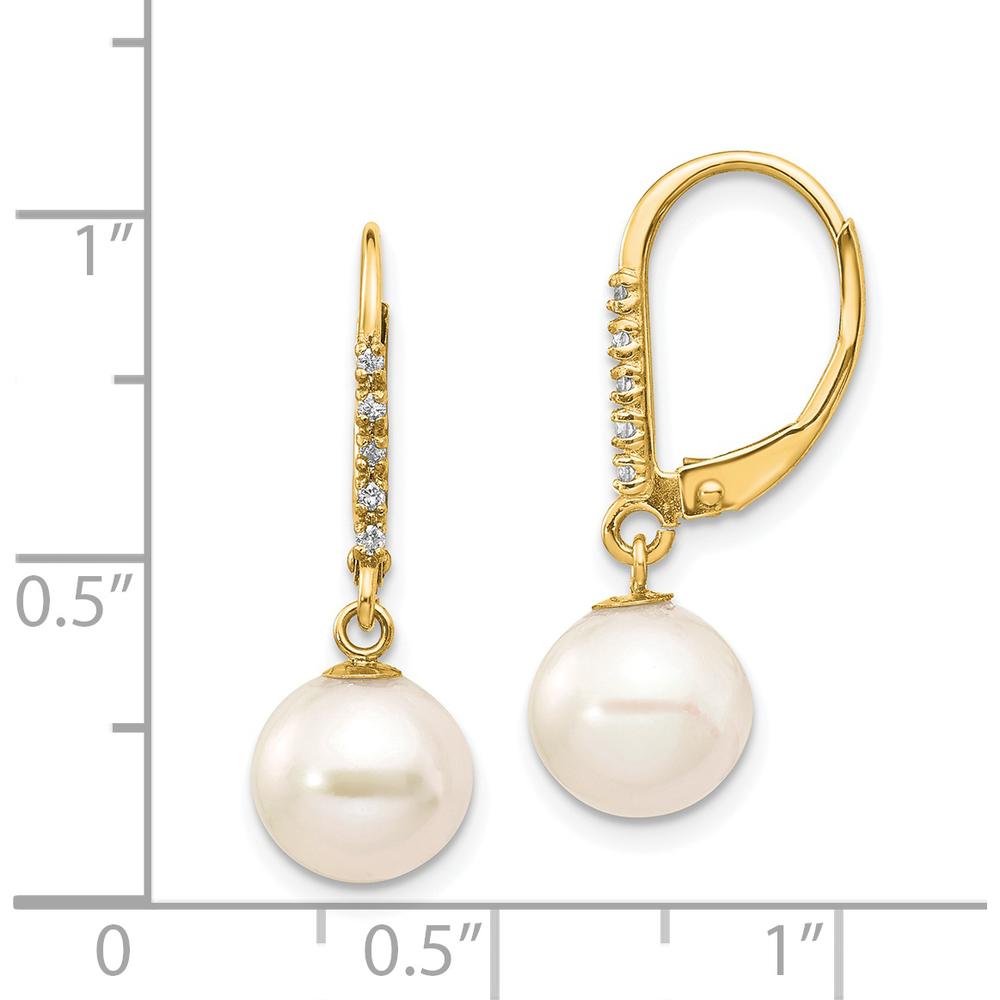 14K Yellow Gold 8-9mm Freshwater Cultured Pearl and 0.05 Carat Diamond Dangle Leverback Earrings by Monteluci Fine Jewelry