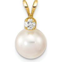 14K Yellow Gold 8-9mm Round Akoya Saltwater Cultured Pearl Pendant with 1/10 Carat Diamond by Monteluci Fine Jewelry
