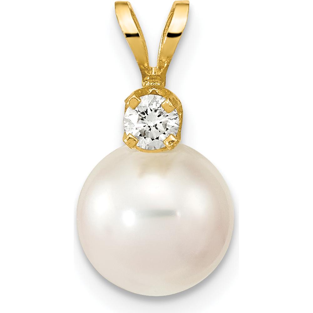 14K Yellow Gold 8-9mm Round Akoya Saltwater Cultured Pearl Pendant with 1/10 Carat Diamond by Monteluci Fine Jewelry