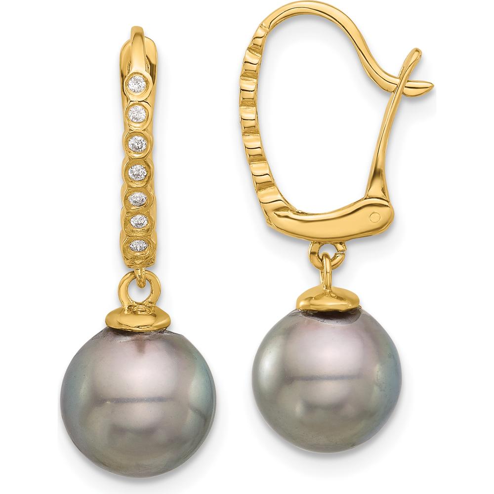 14K Yellow Gold 8-9mm Tahitian Black Pearl and 0.07 Carat Diamond Leverback Dangle Earrings by Monteluci Fine Jewelry
