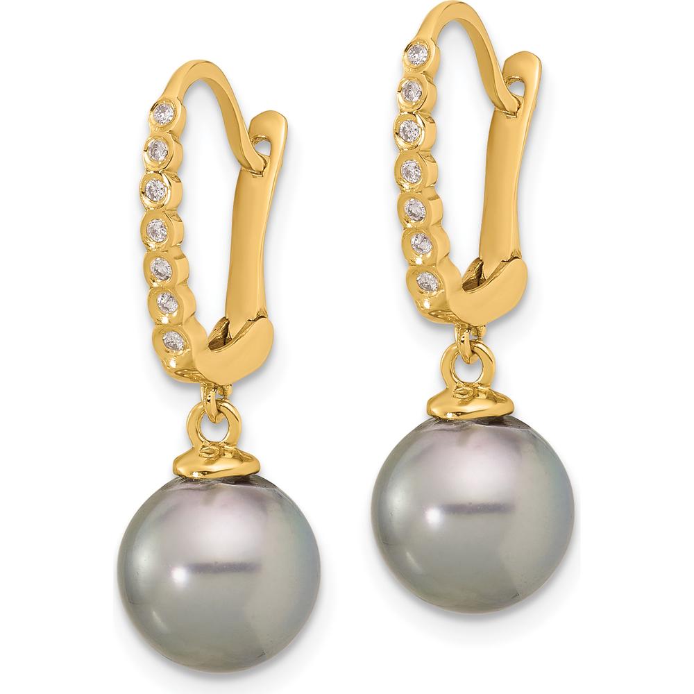 14K Yellow Gold 8-9mm Tahitian Black Pearl and 0.07 Carat Diamond Leverback Dangle Earrings by Monteluci Fine Jewelry