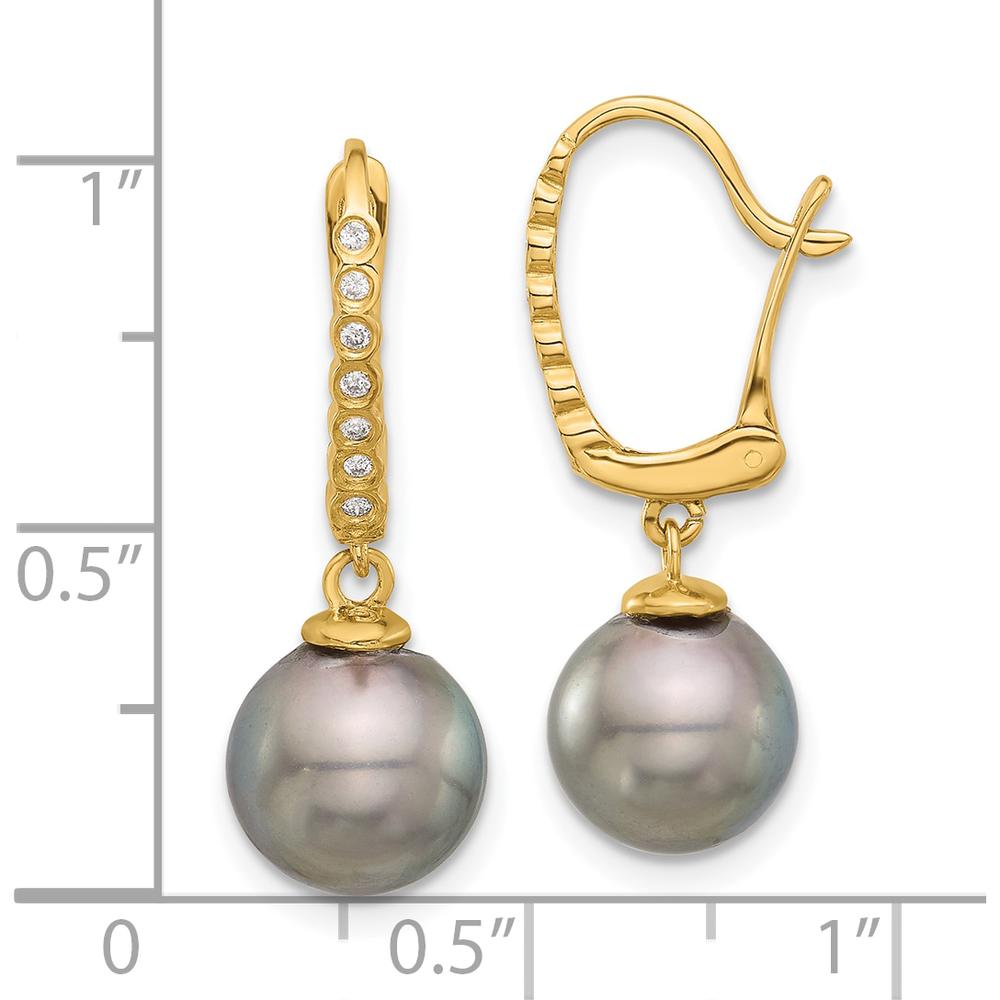 14K Yellow Gold 8-9mm Tahitian Black Pearl and 0.07 Carat Diamond Leverback Dangle Earrings by Monteluci Fine Jewelry
