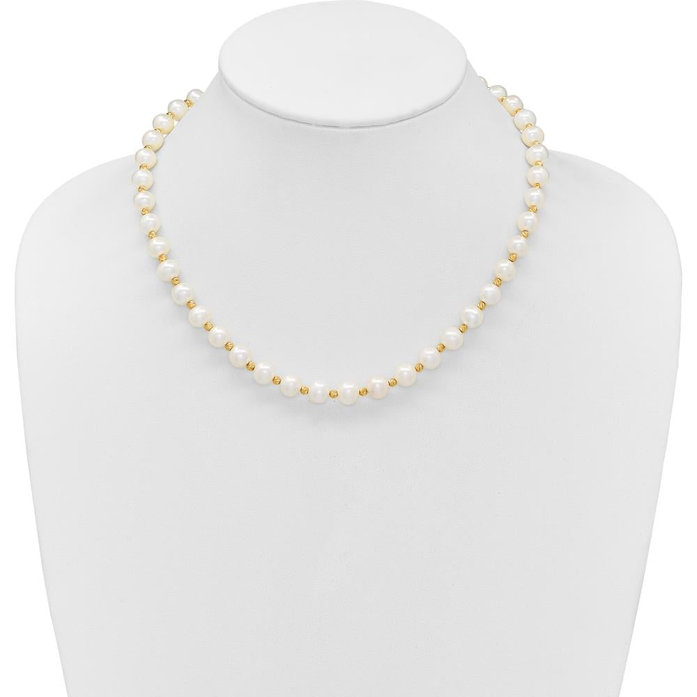 14K Yellow Gold 8-9mm White Freshwater Cultured Pearl and Diamond-Cut Beaded 18" Necklace by Monteluci Fine Jewelry