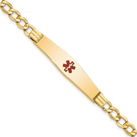 14K Yellow Gold 8" Curb Link Medical Alert Bracelet with Red Enamel and Engravable Soft Diamond Shape Plate by Oro Pregiato