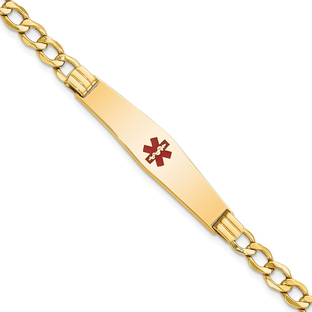 14K Yellow Gold 8" Curb Link Medical Alert Bracelet with Red Enamel and Engravable Soft Diamond Shape Plate by Oro Pregiato