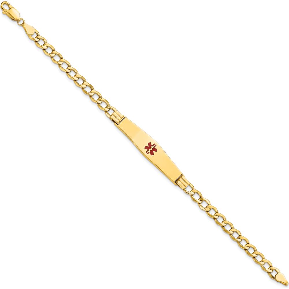 14K Yellow Gold 8" Curb Link Medical Alert Bracelet with Red Enamel and Engravable Soft Diamond Shape Plate by Oro Pregiato