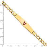 14K Yellow Gold 8" Curb Link Medical Alert Bracelet with Red Enamel and Engravable Soft Diamond Shape Plate by Oro Pregiato