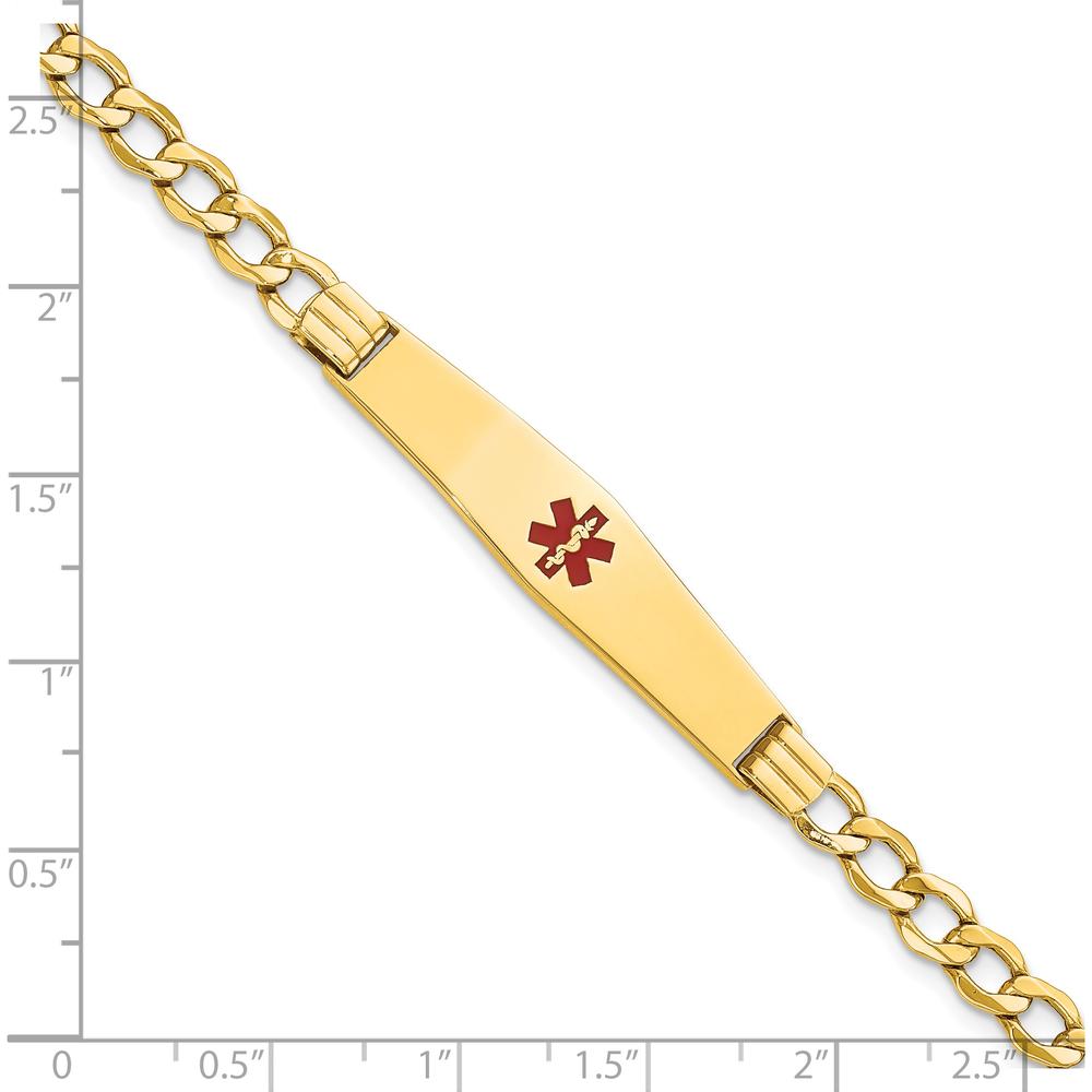 14K Yellow Gold 8" Curb Link Medical Alert Bracelet with Red Enamel and Engravable Soft Diamond Shape Plate by Oro Pregiato
