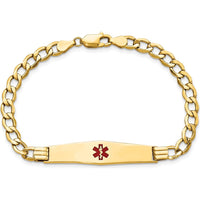14K Yellow Gold 8" Curb Link Medical Alert Bracelet with Red Enamel and Engravable Soft Diamond Shape Plate by Oro Pregiato