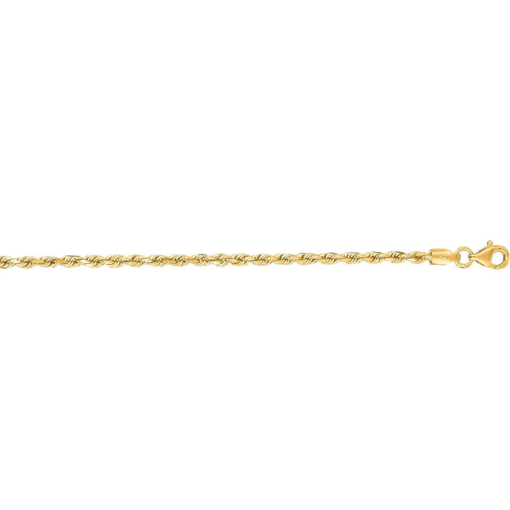 14K Yellow Gold 8" Diamond Cut Rope Chain Bracelet with Lobster Clasp - 2.5mm by Orozza Fine Jewelry