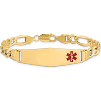 14K Yellow Gold 8-Inch Medical Alert Bracelet with Red Enamel Medical Charm and Figaro Link Chain by Oro Pregiato