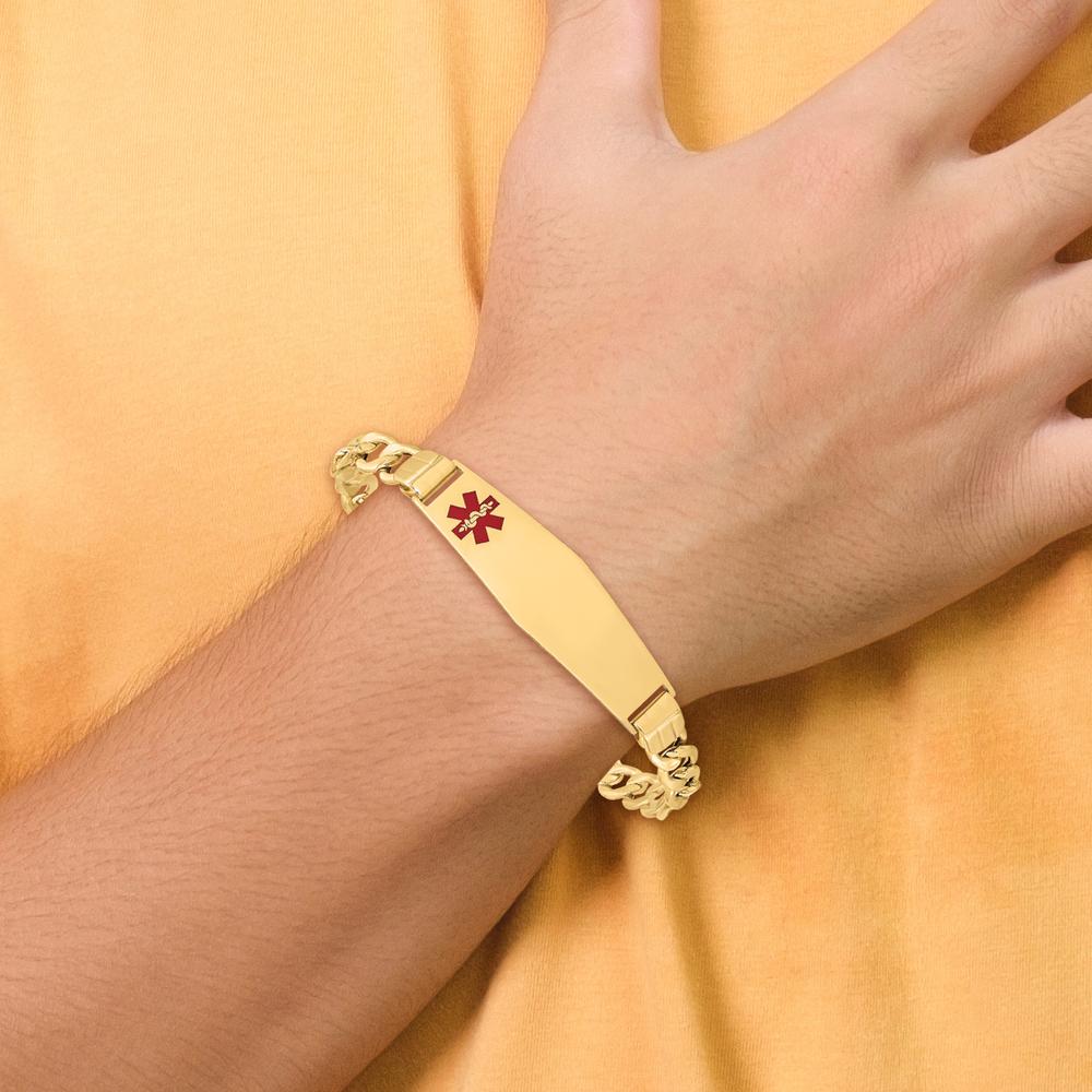 14K Yellow Gold 8-Inch Medical Alert Bracelet with Red Enamel Medical Charm and Figaro Link Chain by Oro Pregiato