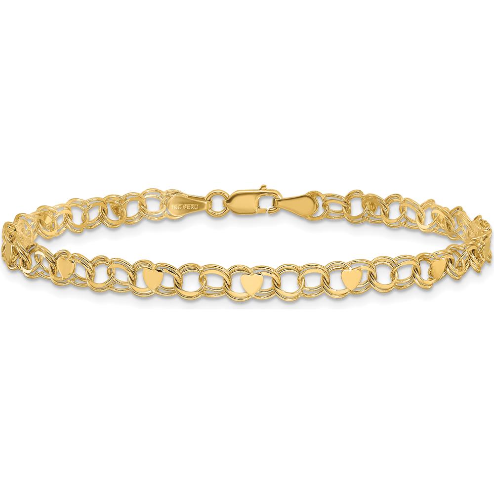 14K Yellow Gold 8-inch Solid Double Link Charm Bracelet with Heart Charms by Oro Pregiato