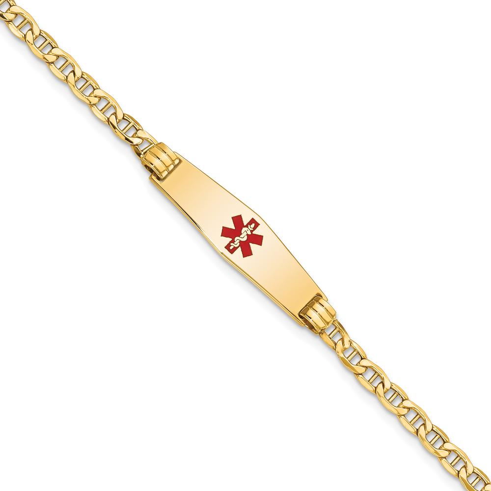 14K Yellow Gold 8" Medical Alert Bracelet with Red Enamel Anchor Chain and Engravable Plate by Oro Pregiato