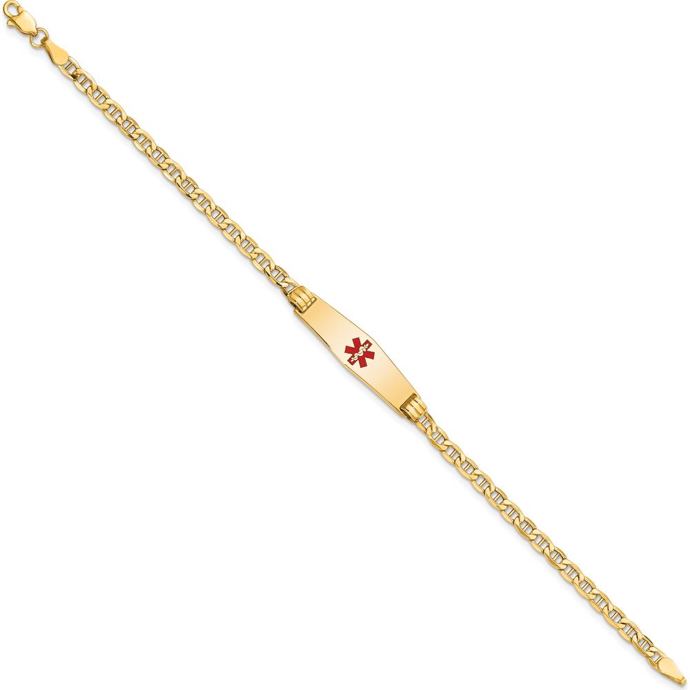 14K Yellow Gold 8" Medical Alert Bracelet with Red Enamel Anchor Chain and Engravable Plate by Oro Pregiato