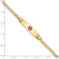 14K Yellow Gold 8" Medical Alert Bracelet with Red Enamel Anchor Chain and Engravable Plate by Oro Pregiato