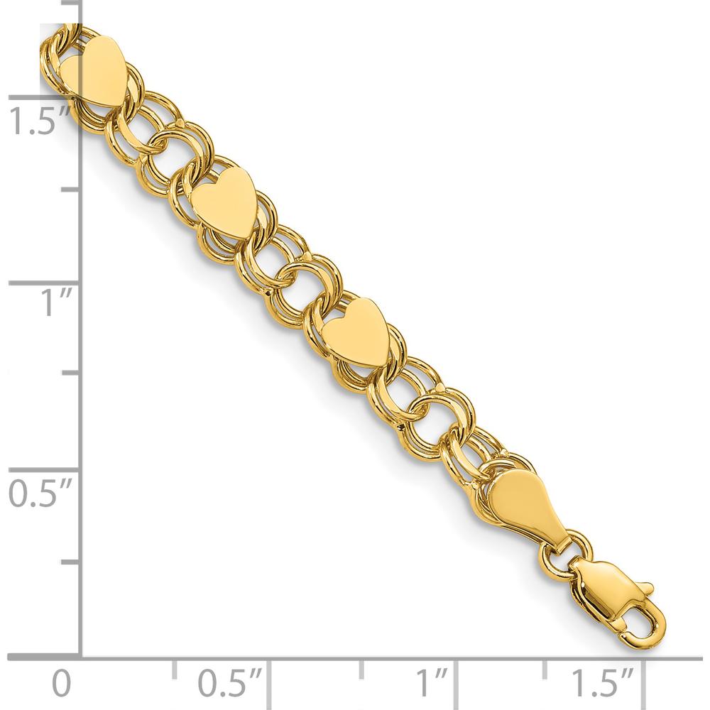 14K Yellow Gold 8" Solid Double Link Charm Bracelet with Hearts by Oro Pregiato