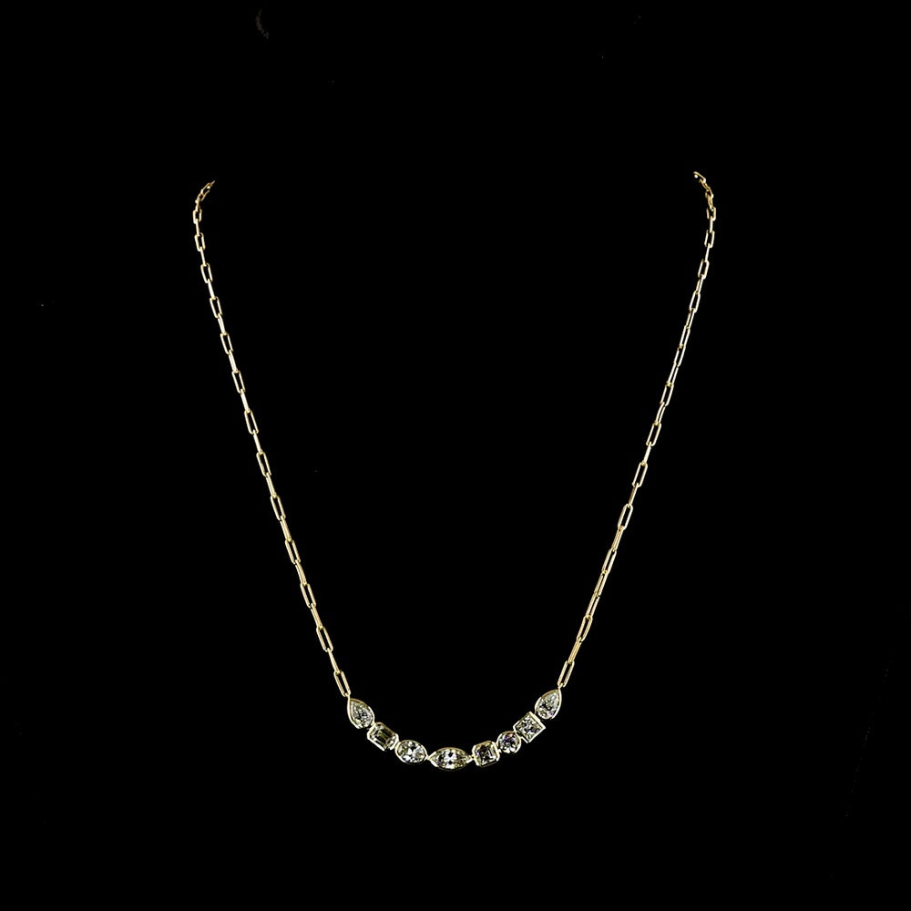 14K Yellow Gold 8-Stone Mixed Shape Lab Diamond Necklace with Bezel Set Emerald, Marquise, Pear, and Asscher Cuts - 2.31 Carat Total Weight - Covaloro Fine Jewelry