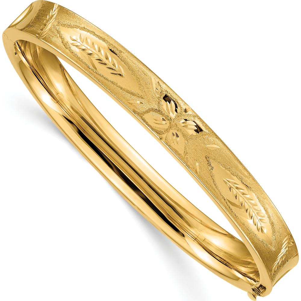 14K Yellow Gold 8mm Diamond-Cut Concave Hinged Bangle Bracelet with Box Catch and Safety Bar by Oro Pregiato