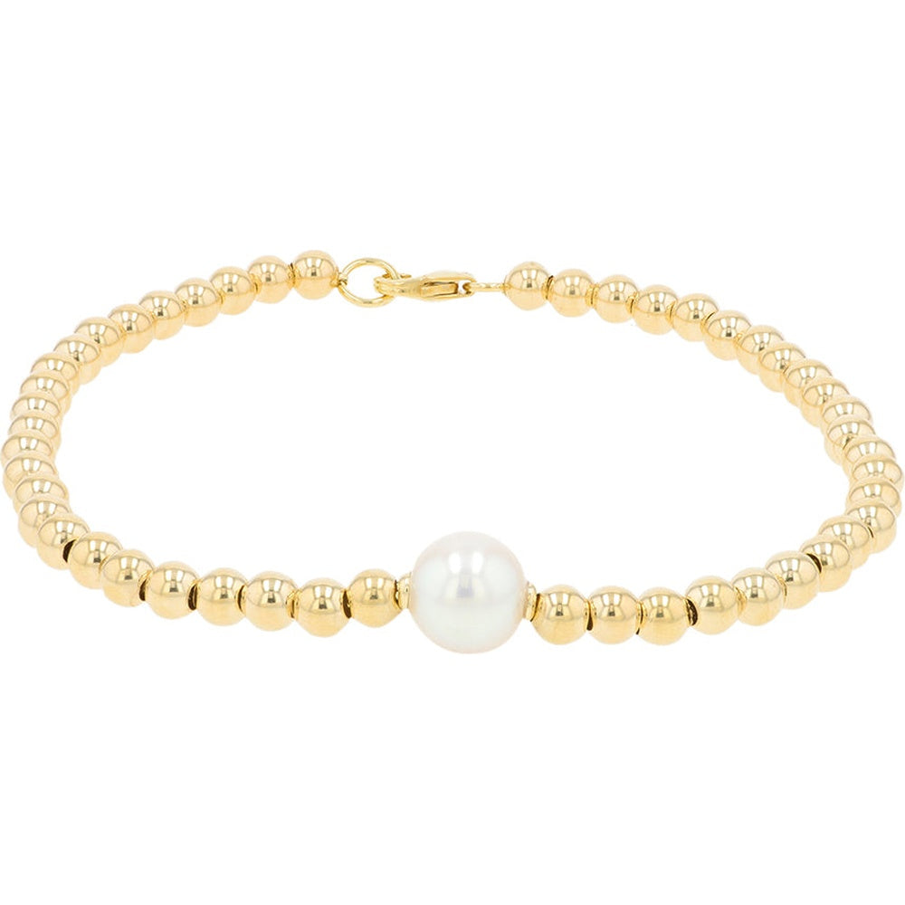 14K Yellow Gold 8mm Pearl Station Bracelet with Polished Gold Beads