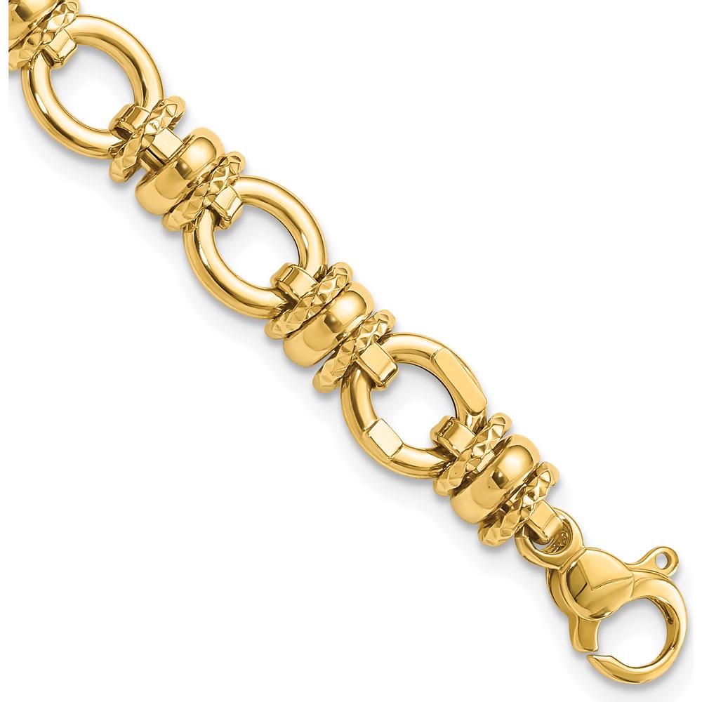 14K Yellow Gold 8mm Polished and Textured Fancy Link Bracelet - 7.75" by 0