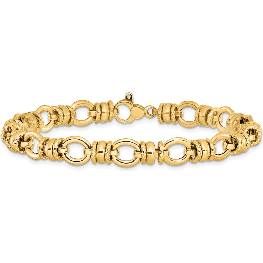 14K Yellow Gold 8mm Polished and Textured Fancy Link Bracelet - 7.75" by 0