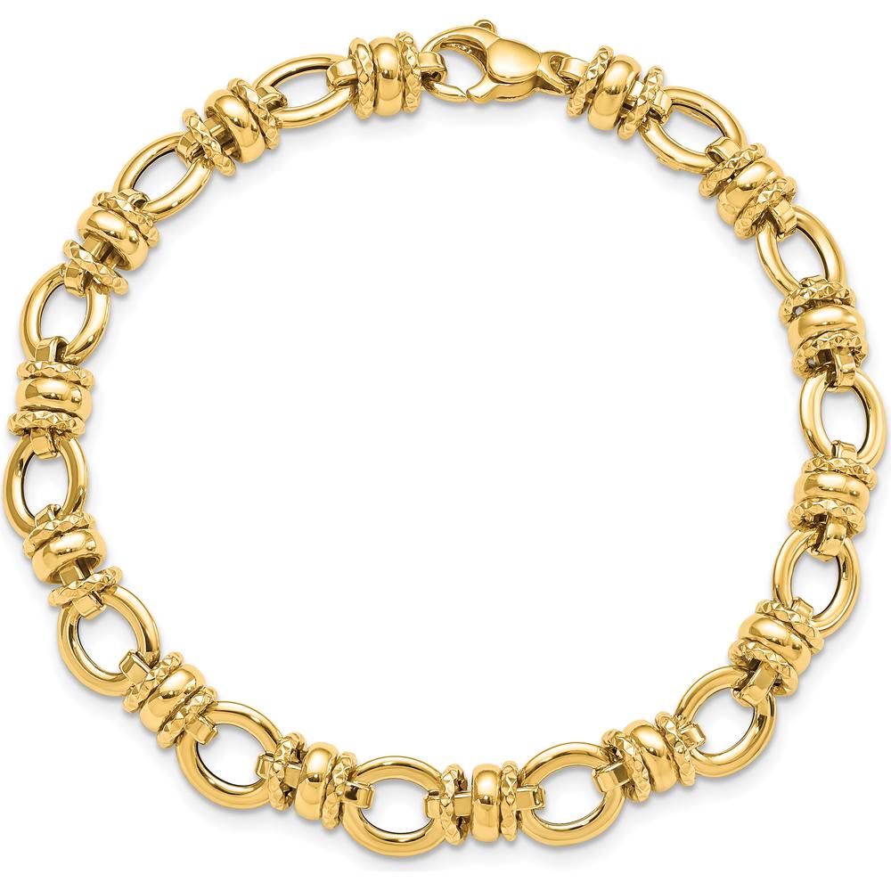14K Yellow Gold 8mm Polished and Textured Fancy Link Bracelet - 7.75" by 0