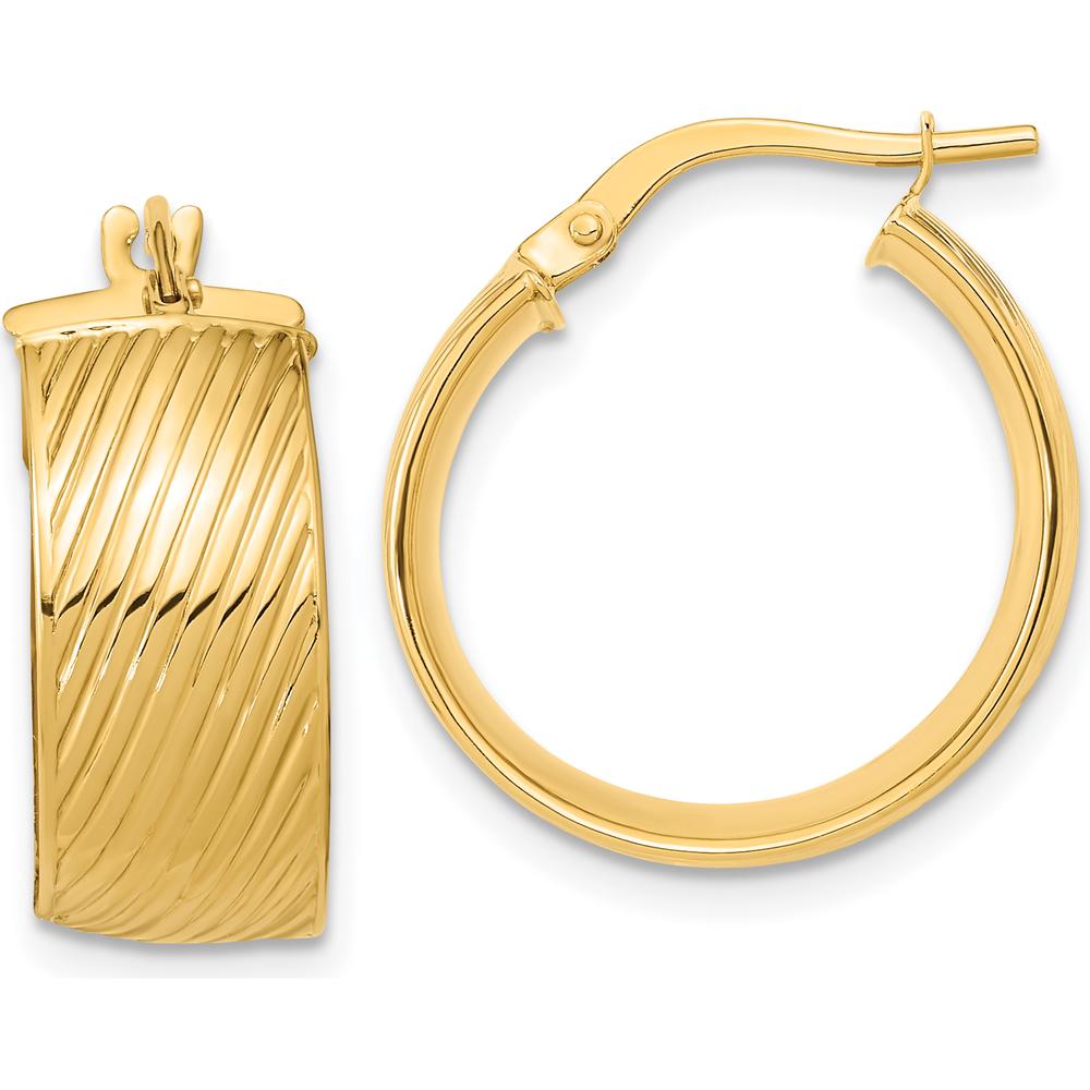 14K Yellow Gold 8mm Polished Textured Hinged Hoop Earrings by 0