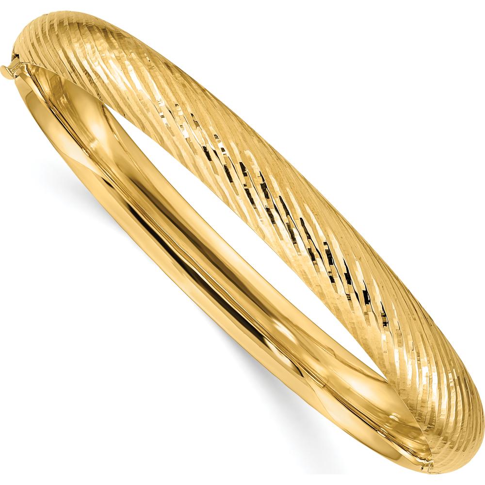 14K Yellow Gold 8mm Polished Textured Hinged Oval Bangle Bracelet with Diamond-Cut Design - 7.5in Length by Oro Pregiato