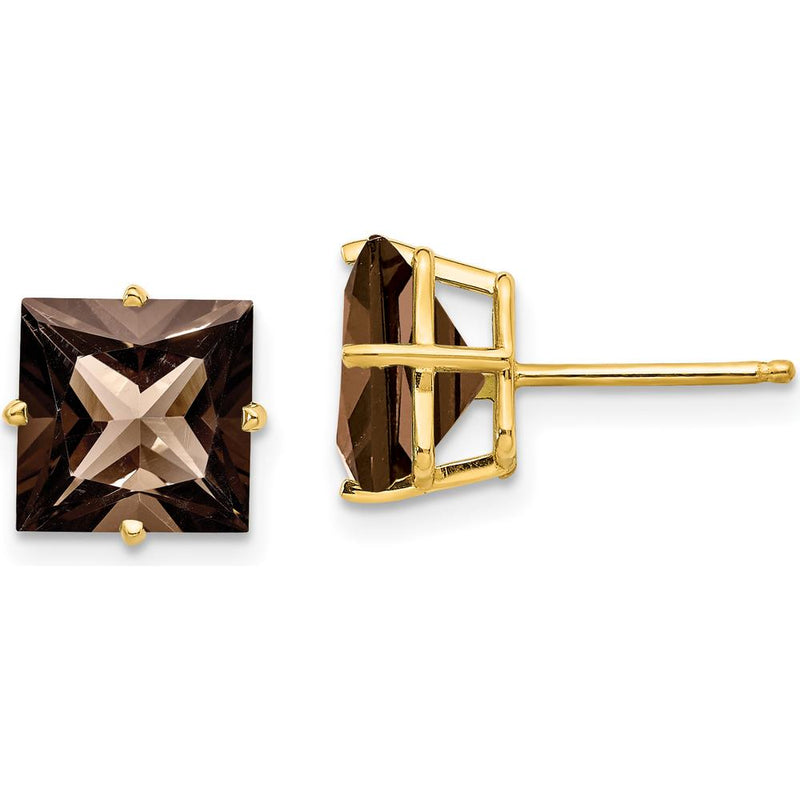 14K Yellow Gold 8mm Square Smoky Quartz Stud Earrings - 2.45 Carat Total Weight by Monteluci Fine Jewelry