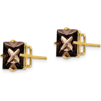 14K Yellow Gold 8mm Square Smoky Quartz Stud Earrings - 2.45 Carat Total Weight by Monteluci Fine Jewelry