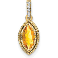 14K Yellow Gold 8x4mm Marquise Citrine and Diamond Pendant with Beaded Edge - 0.37 Carat Total Gem Weight by Lumare Gioia