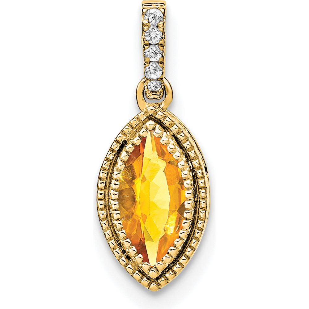 14K Yellow Gold 8x4mm Marquise Citrine and Diamond Pendant with Beaded Edge - 0.37 Carat Total Gem Weight by Lumare Gioia