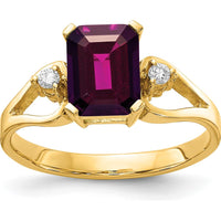 14K Yellow Gold 8x6mm Emerald Cut Rhodolite Garnet Ring with Round Diamonds - 1.9 Carat Total Garnet Weight, 0.05 Carat Total Diamond Weight by Monteluci Fine Jewelry