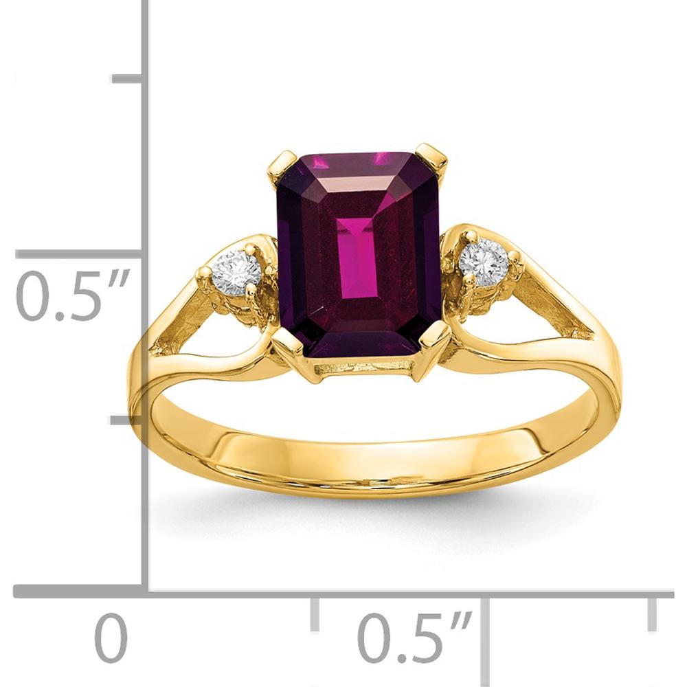 14K Yellow Gold 8x6mm Emerald Cut Rhodolite Garnet Ring with Round Diamonds - 1.9 Carat Total Garnet Weight, 0.05 Carat Total Diamond Weight by Monteluci Fine Jewelry